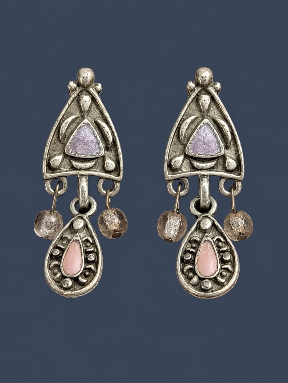 VTG Silvertone Purple Pink Enamel Chandalier Post Earrings